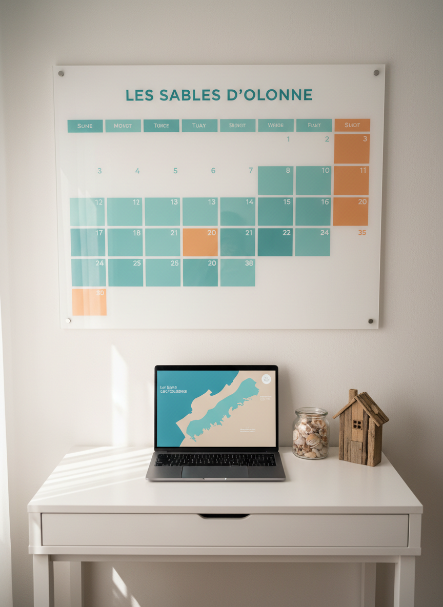 Photographic overhead view of a neatly organized vacation rental availability corner, featuring a large wall-mounted monthly calendar board with clean, color-coded blocks suggesting booked and free dates without any readable text. Below it, a compact white desk holds a slim laptop displaying an abstract map of Les Sables-d’Olonne coastline, beside a small glass jar of seashells and a miniature driftwood house. Soft daylight from an unseen window bathes the scene, creating gentle reflections on the glossy calendar surface. The composition is clean and symmetrical with sharp focus, conveying clarity, planning, and professionalism for a coastal holiday rental business.