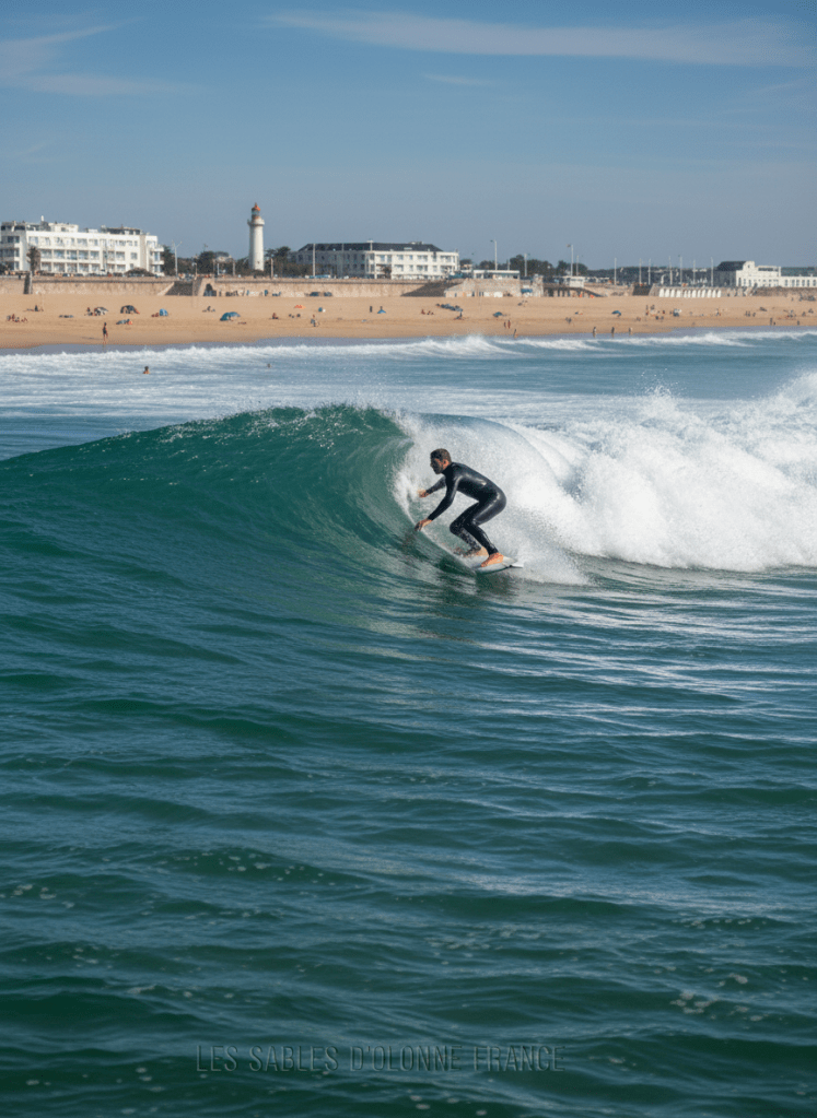 Surfer riding a wave on a beautiful Atlantic beach, sunny day, blue ocean waves, sandy beach, Les Sables d'Olonne France, realistic photo style